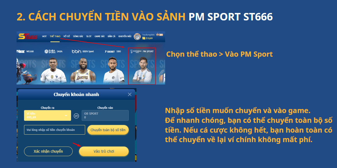 CÁCH CHUYỂN TIỀN VÀO SẢNH PM SPORT ST666