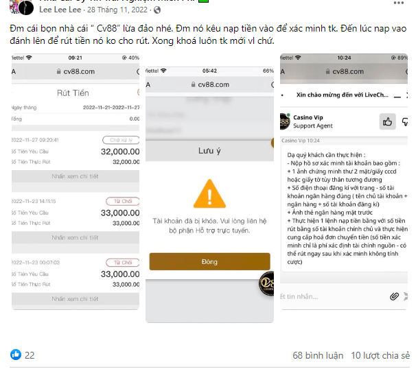 Người chơi Lee Lee Lee tố cáo CV88 không cho rút tiền cược