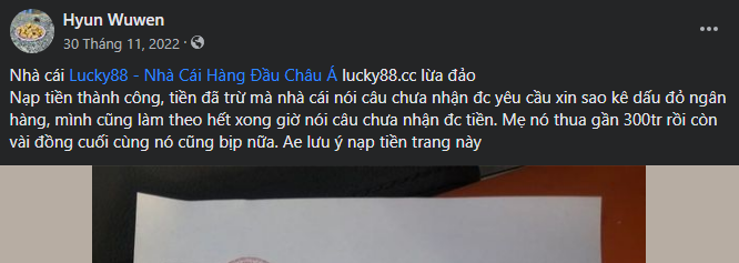 Người chơi lên tiếng tố cáo thủ đoạn lừa đảo của Lucky88