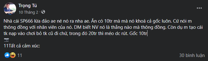 Người chơi Trọng Tú lên tiếng bức xúc vì bị mất tiền oan